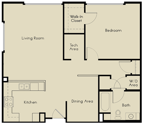 Floor plan for 1 bed, 1 bath, 883 sqft